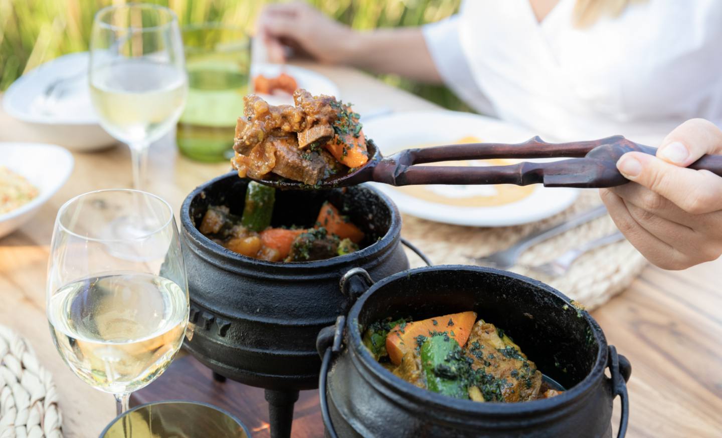 The traditional potjie pots at the Pure Africa Eatery, Victoria Falls.
