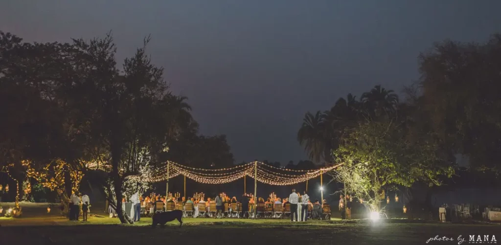 A nighttime dining scene at the Pure Africa Eatery by the waterfront of the Zambezi River in Victoria Falls.