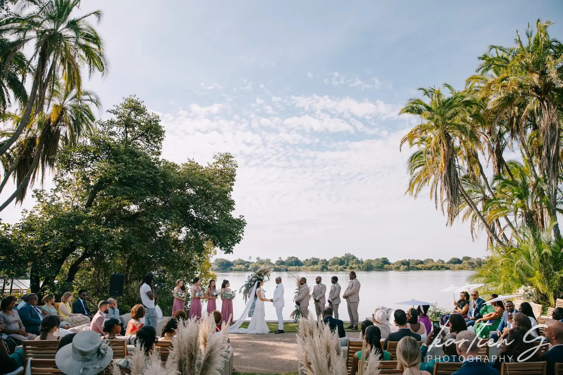 A wedding ceremony at Pure Africa with a perfect backdrop of the Zambezi River.
