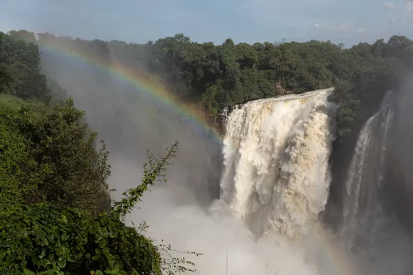 A rainbow over the Victoria Falls on the Zambezi River.